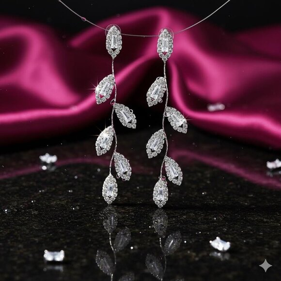 NKULTD Jewelry - Leaf Drop Earrings Silver Plated S925 CZ Minimalist Statement Sparkling Dangles